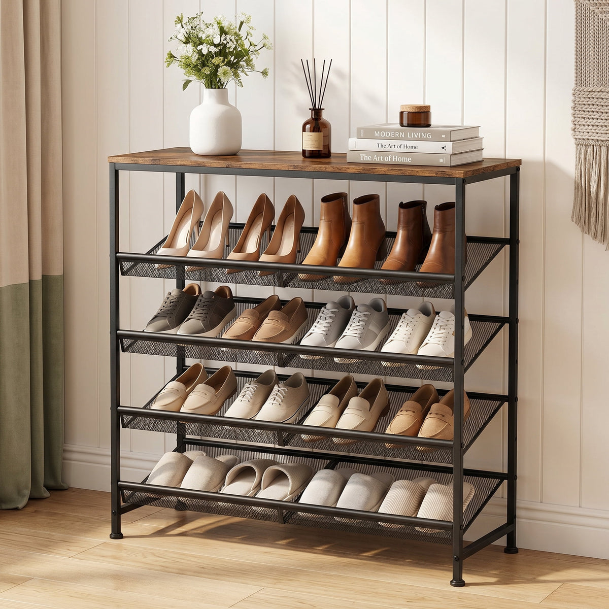 CONCETTA 5-Tier Adjustable Shoe Rack Antique Wood Mesh Metal Shelves Wooden Top for Entryway