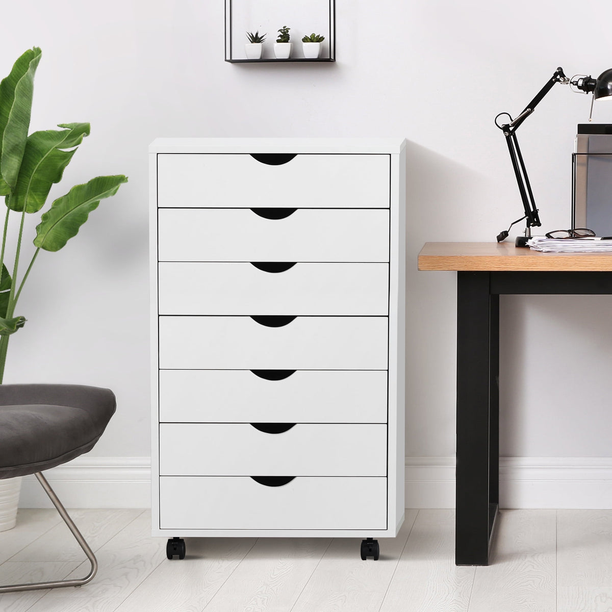 CONCETTA 7-Drawer File Cabinet, Lateral Filing Under Desk Storage Organizer with Wheels for Home Office, White
