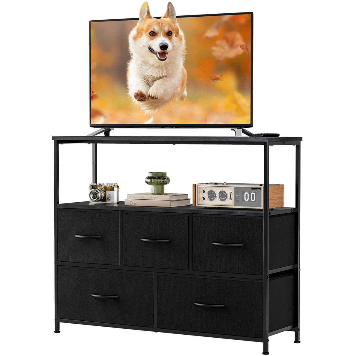 Pillar Home TV Stand Dresser with 5 Fabric Drawers and Open Shelving