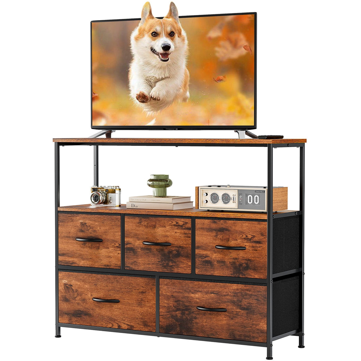 CONCETTA TV Stand Dresser with 5 Fabric Drawers and Open Shelving, Multi-functional Storage Unit Fits TV up to 45 inches for Bedroom Living Room Hallway, Rust