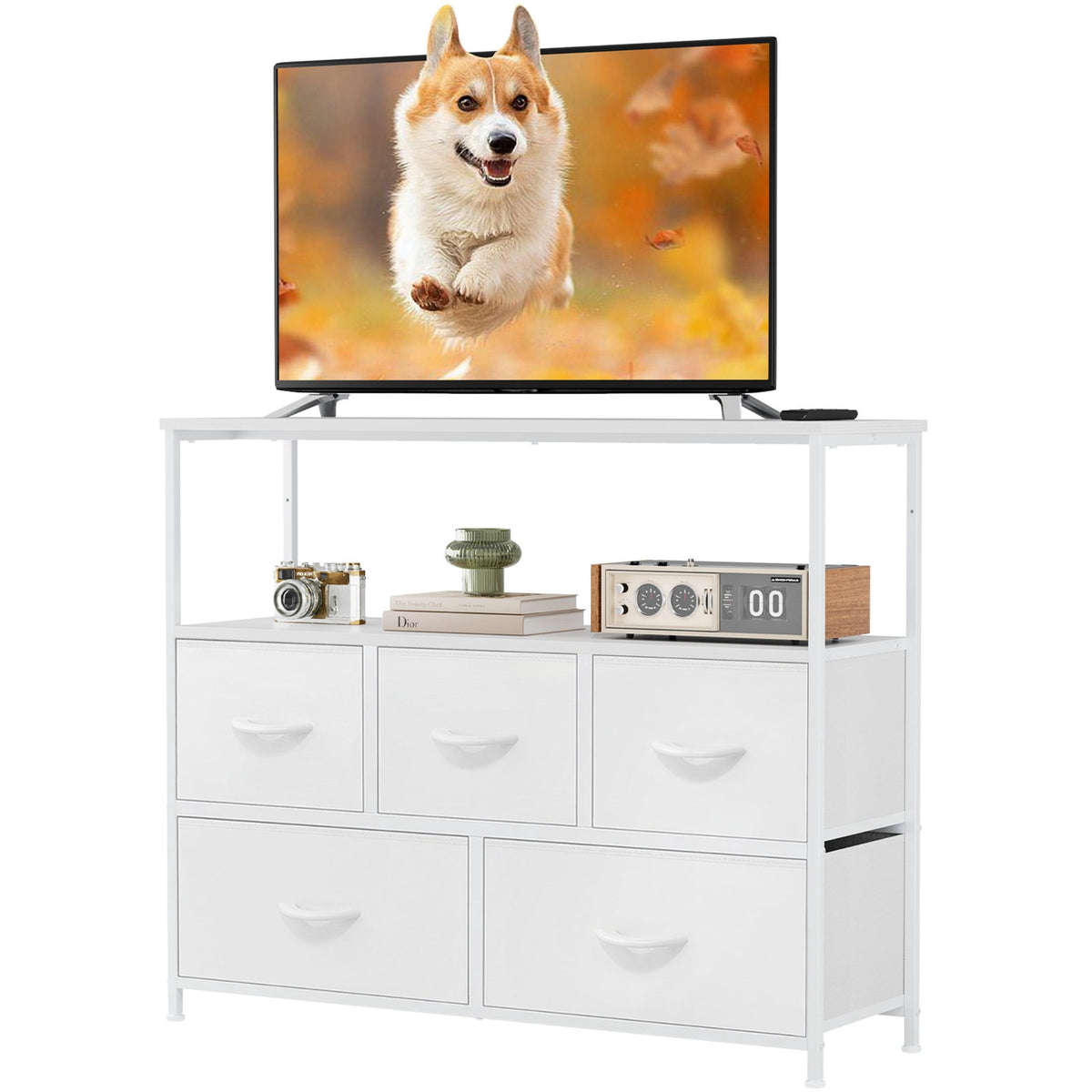 Pillar Home TV Stand Dresser with 5 Fabric Drawers and Open Shelving