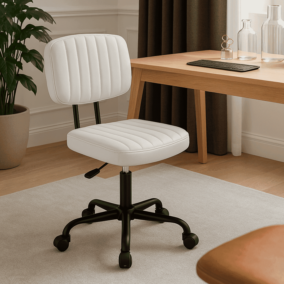 CONCETTA Ergonomic Home Office PU Leather Desk Chair, Small Space, Armless Rolling Chair for Adults, White