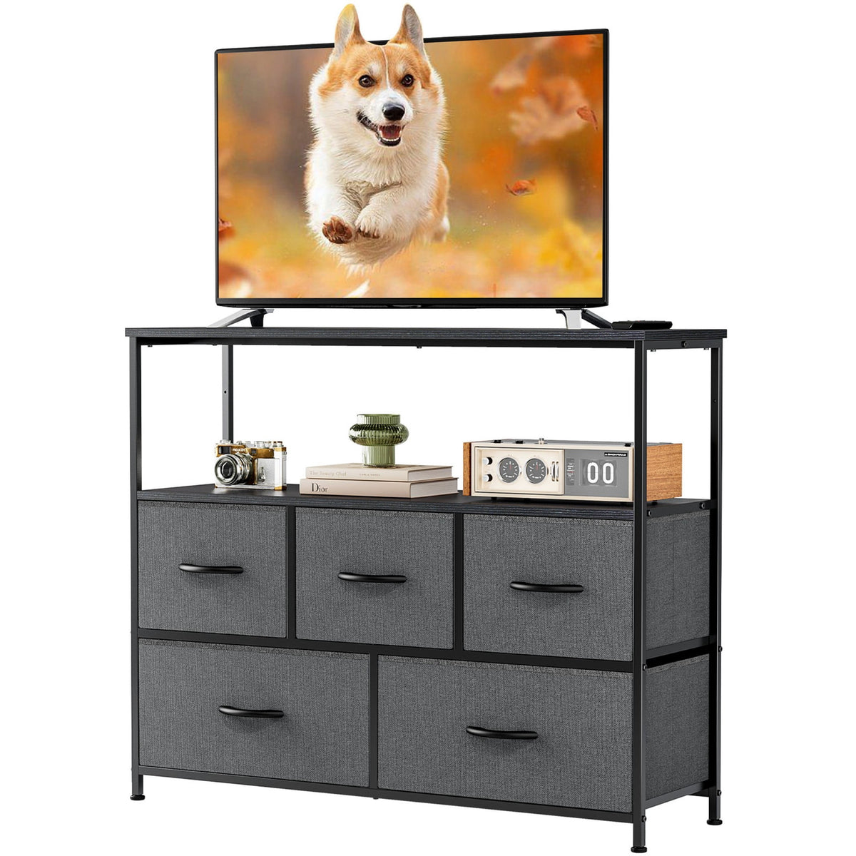 Pillar Home TV Stand Dresser with 5 Fabric Drawers and Open Shelving