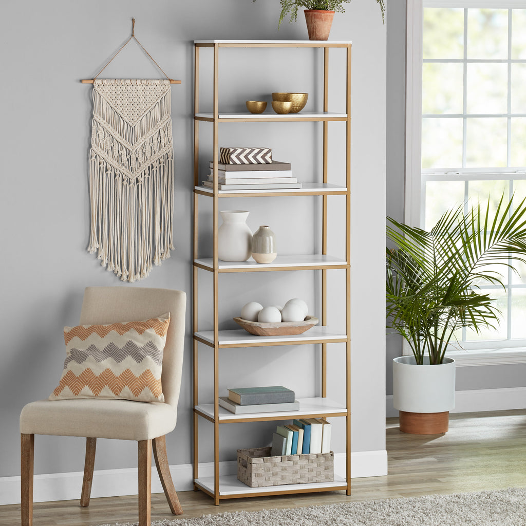 Pillar Home Metal Frame 6-Shelf Bookcase, Brown/Black