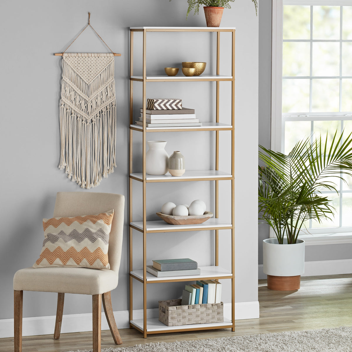 Pillar Home Metal Frame 6-Shelf Bookcase, Brown/Black