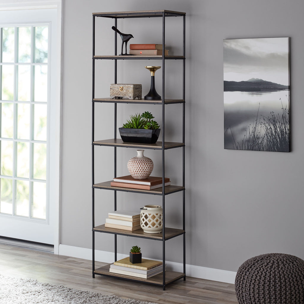 Mainstays Metal Frame 6-Shelf Bookcase, Brown/Black