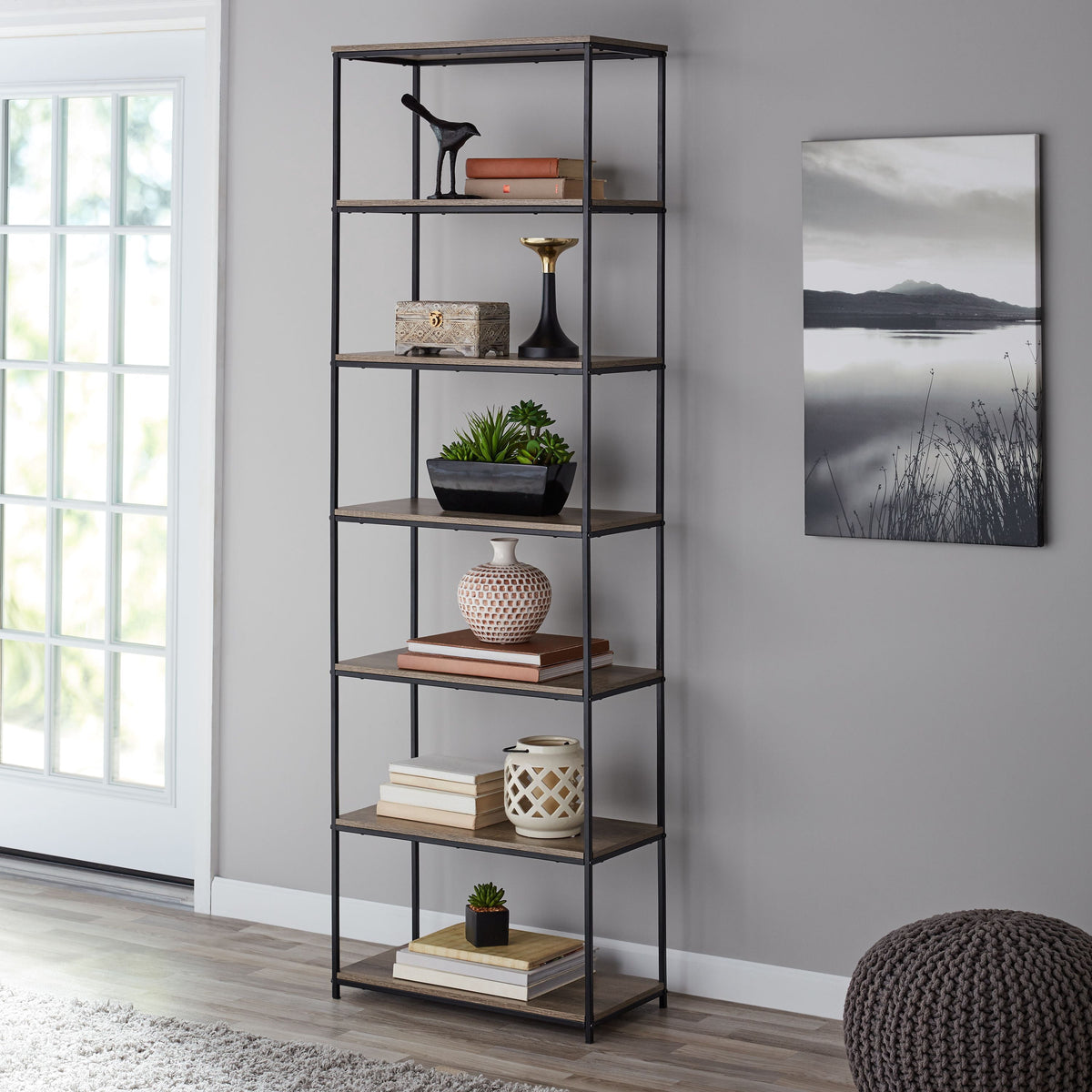 Mainstays Metal Frame 6-Shelf Bookcase, Brown/Black