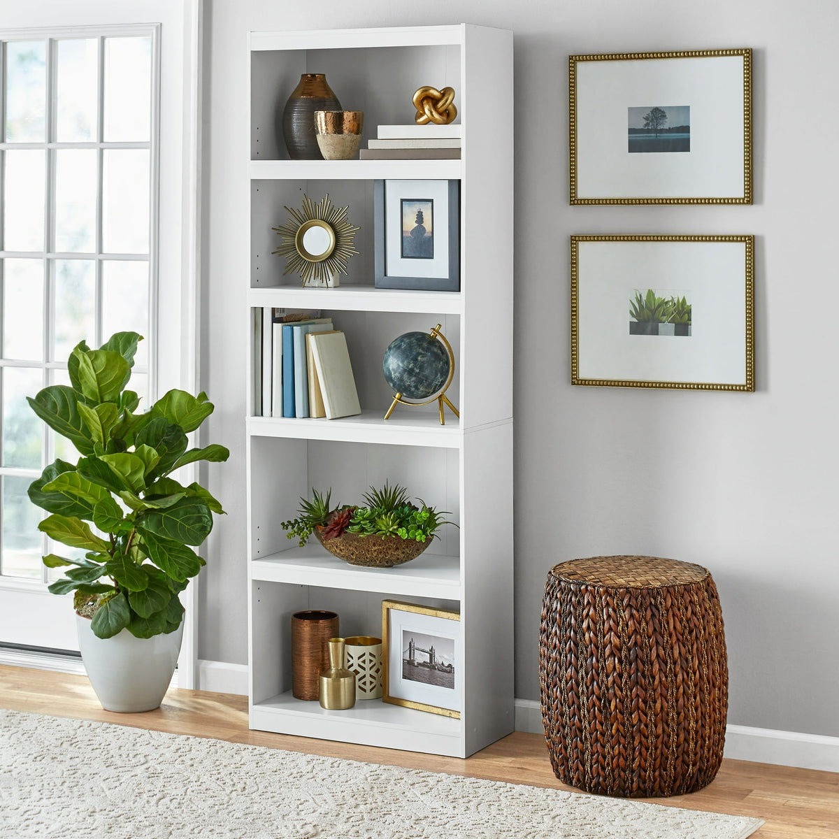 Pillar Home Framed 5-Shelf Bookcase with Adjustable Shelves, Espresso