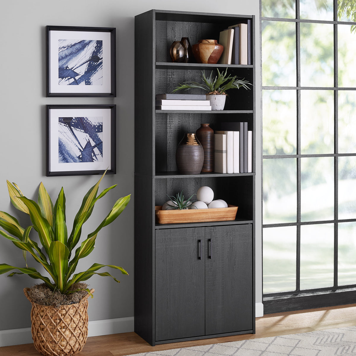 Mainstays 5 Shelf Bookcase with Doors, Black Finish