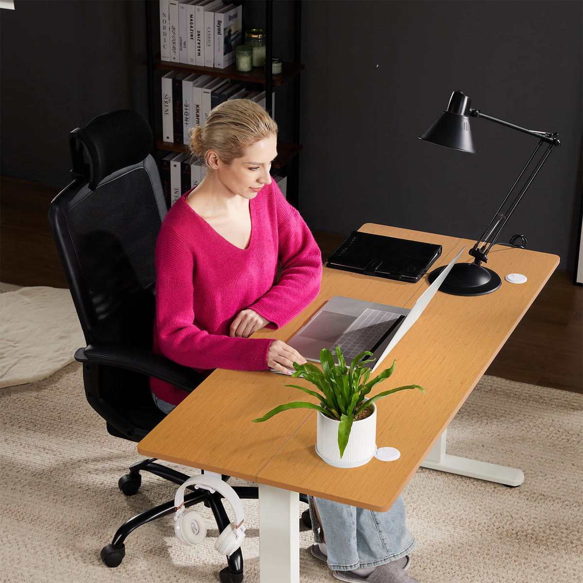 CONCETTA Electric Height Adjustable Desk, 55"x24" Ergonomic Sit Stand Workstation, One-Touch Lift Home Office Desk, Oak