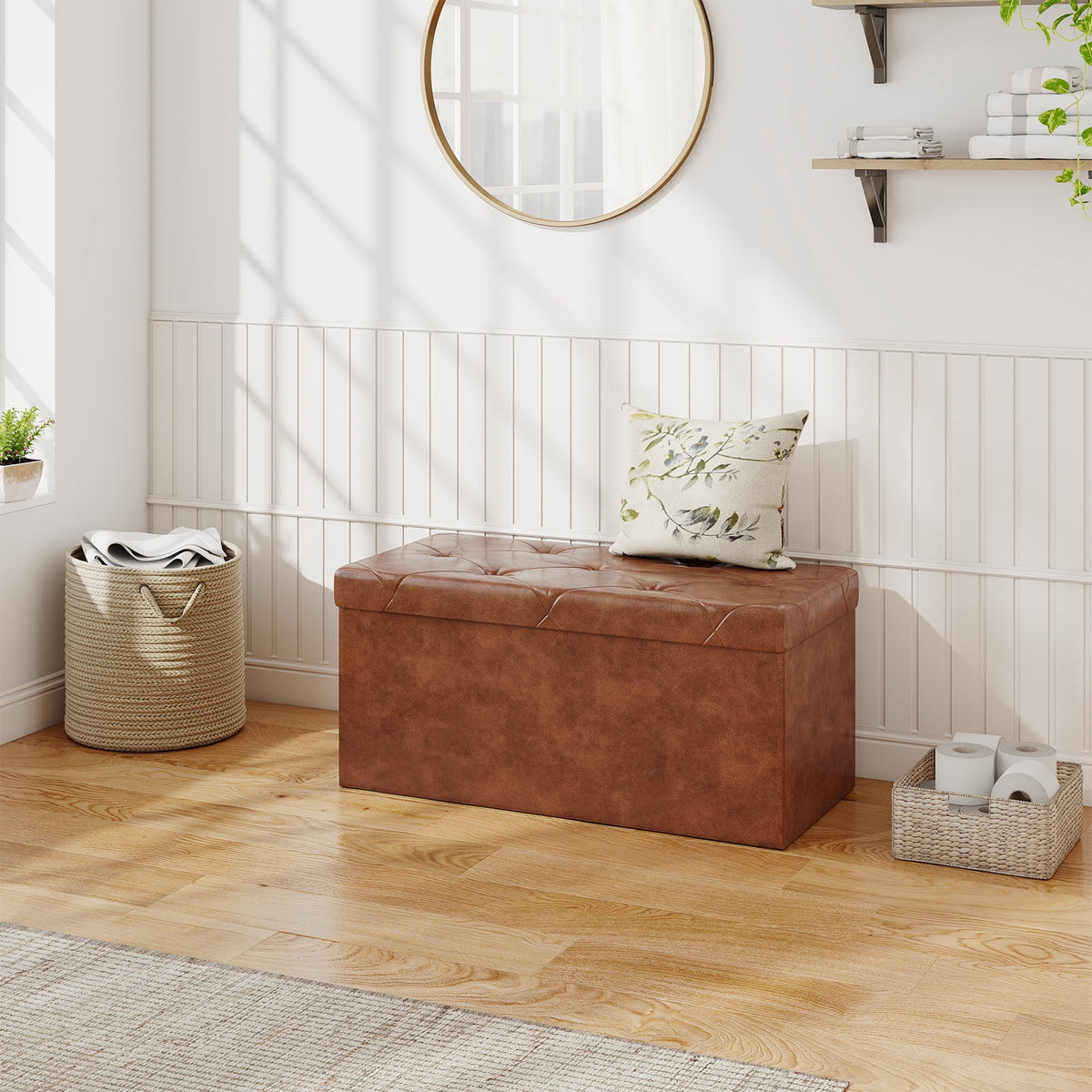 CONCETTA 30" Storage Ottoman Bench, Foldable Storage Chest, End of Bed Foot Stool with Padded Seat, Bedroom Bench, Support 660lbs, PVC Brown