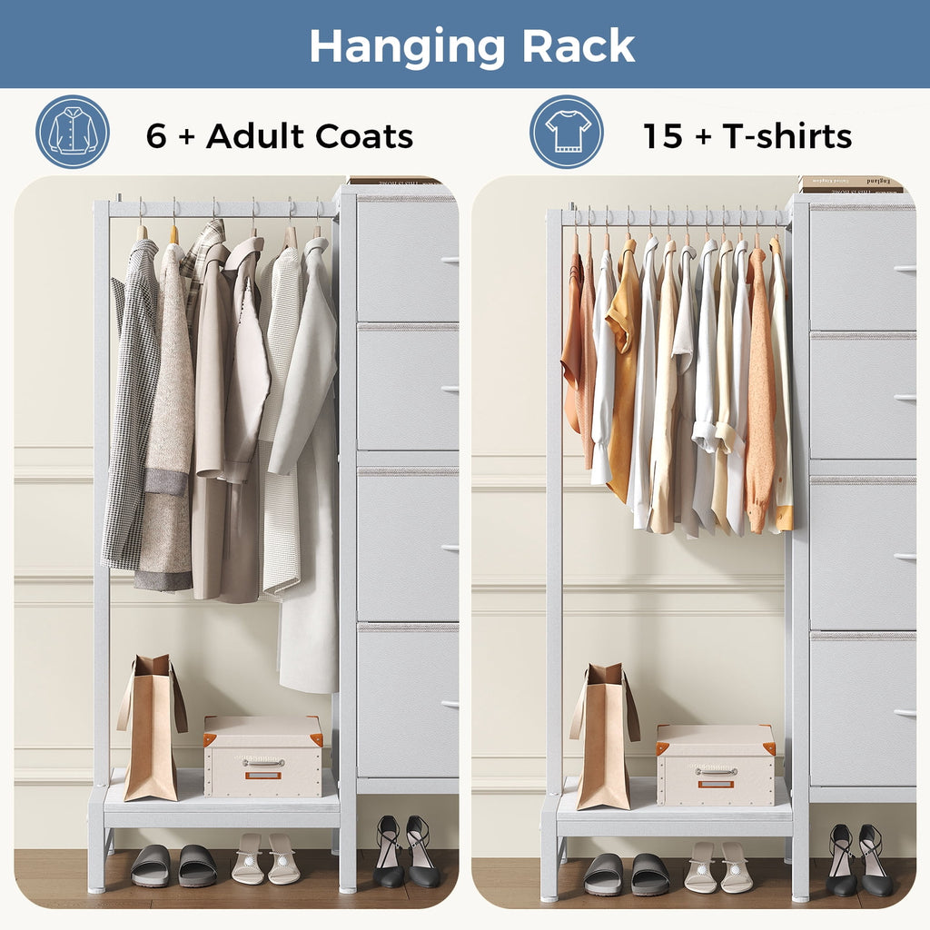 CONCETTA 4 Drawers Dresser with Hanging Rack, 44-inch Tall Reversible Fabric Chest, Bedroom Storage Tower, White