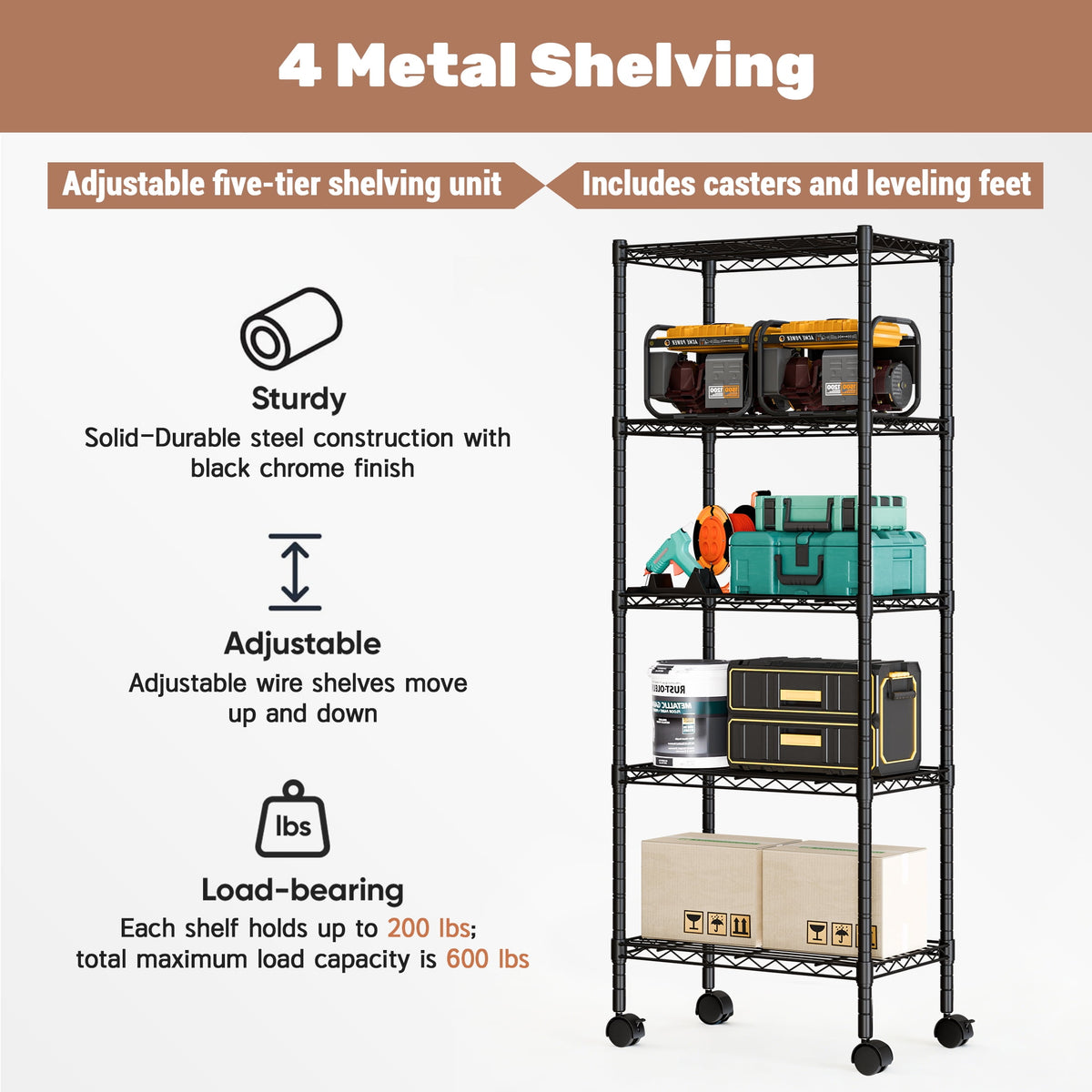 CONCETTA 5 Tier Heavy Duty Storage Shelves with Wheels, Adjustable Shelving Unit for Garage Kitchen Pantry, 200 lbs per Shelf, Black, 23" L x 13" W x 59" H