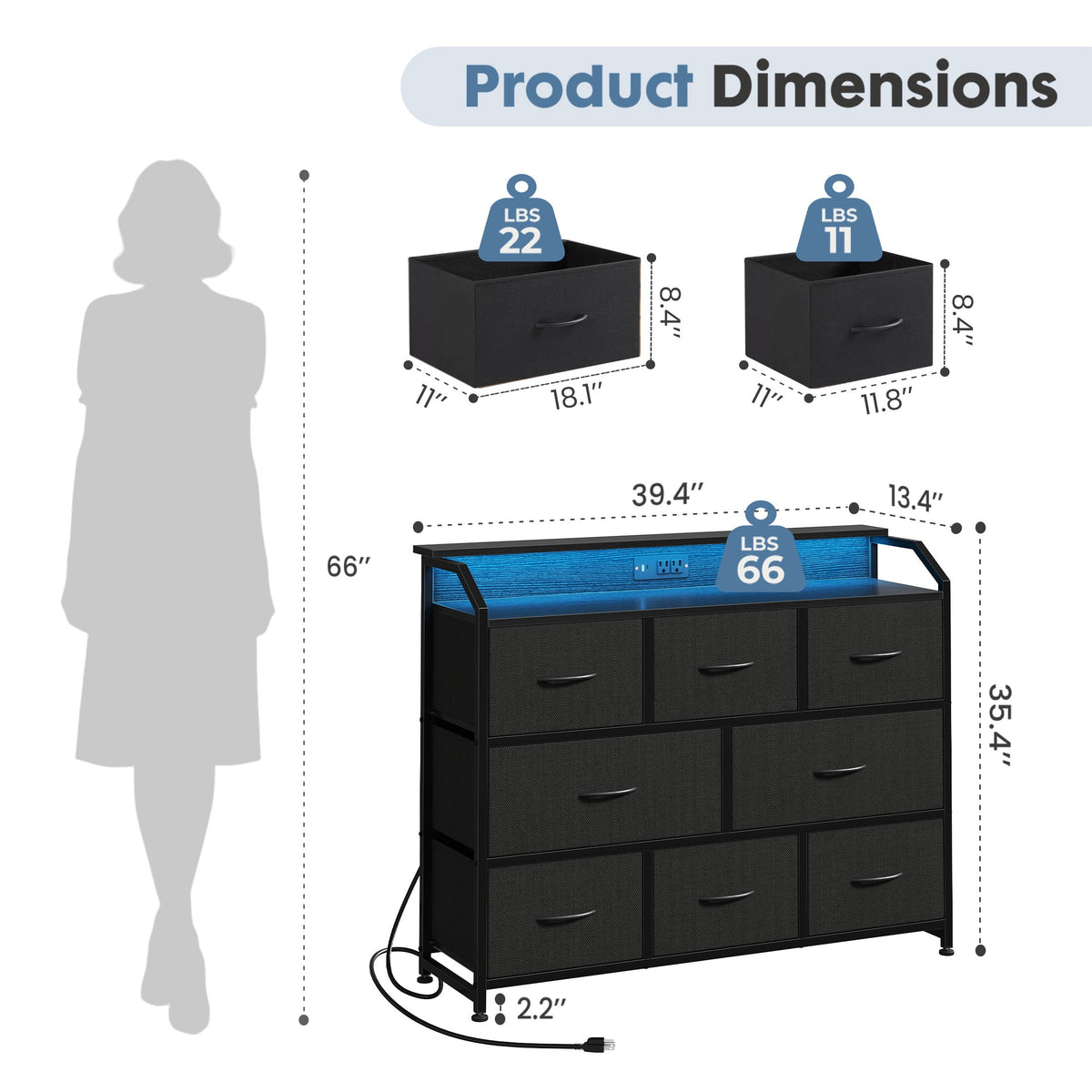 CONCETTA LED TV Stand Dresser, Fits TVs up to 45 Inches, LED Lights & Power Outlet, 8 Fabric Drawers Storage for Bedroom Living Room, Black