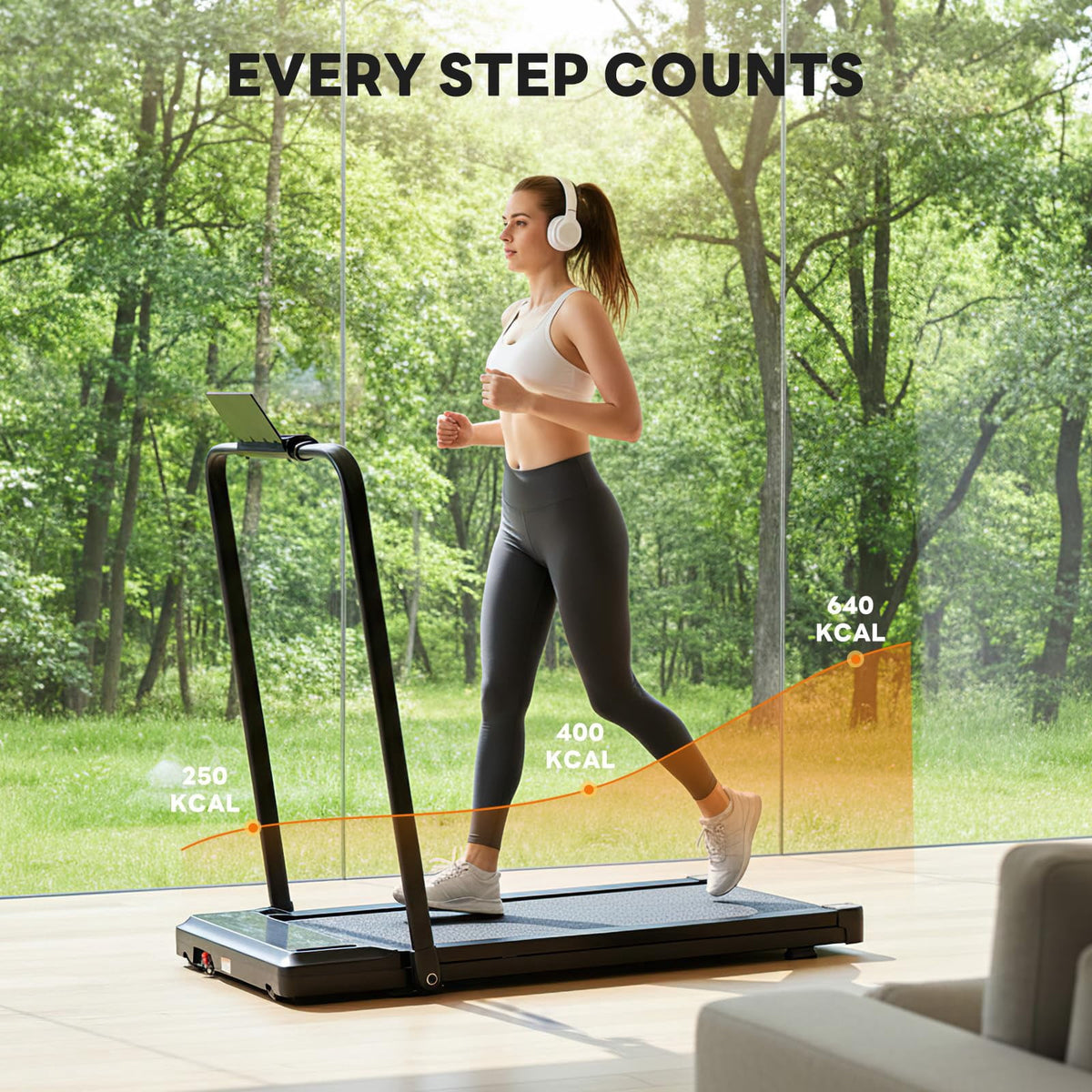CONCETTA Foldable Walking Treadmill with Handrails, 2-in-1 Quiet Under Desk Treadmill for Home Office, Remote Control, LED Display, Black