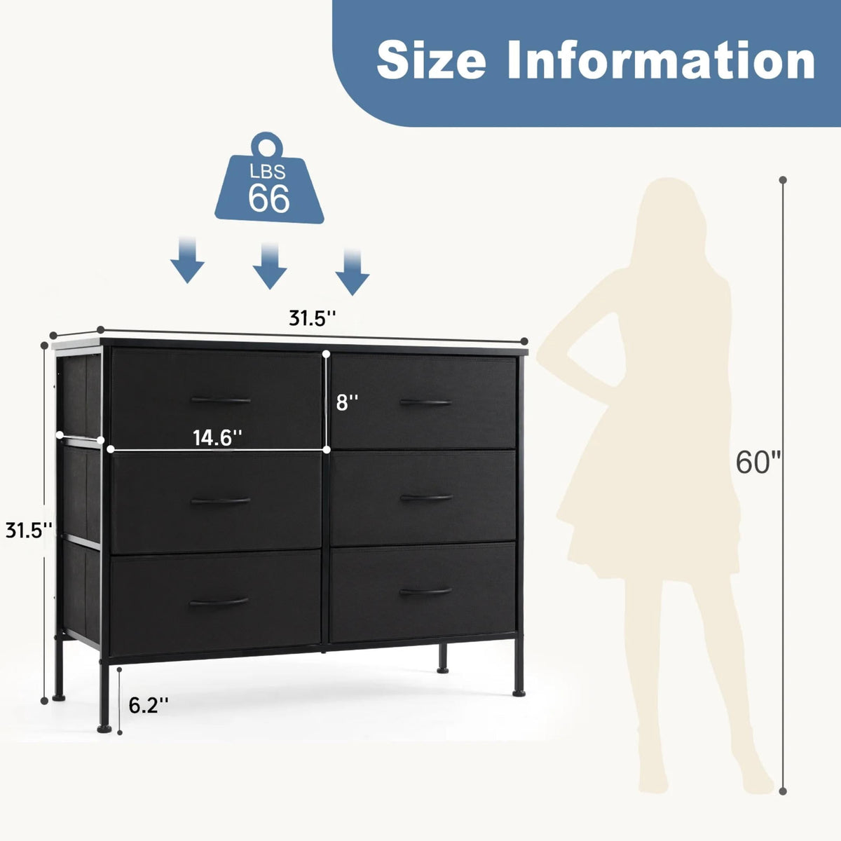 CONCETTA 6-Drawer Fabric Dresser Storage Chest for Bedroom, Closet, Storage Furniture for Adults, Black