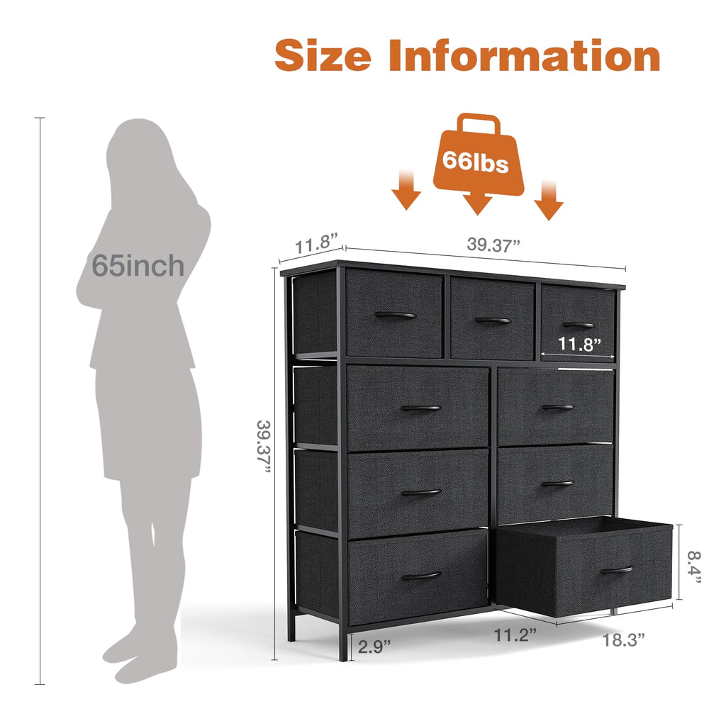 CONCETTA 9-Drawer Fabric Dresser Storage Chest for Bedroom, Closet, Storage Furniture for Adults, Black