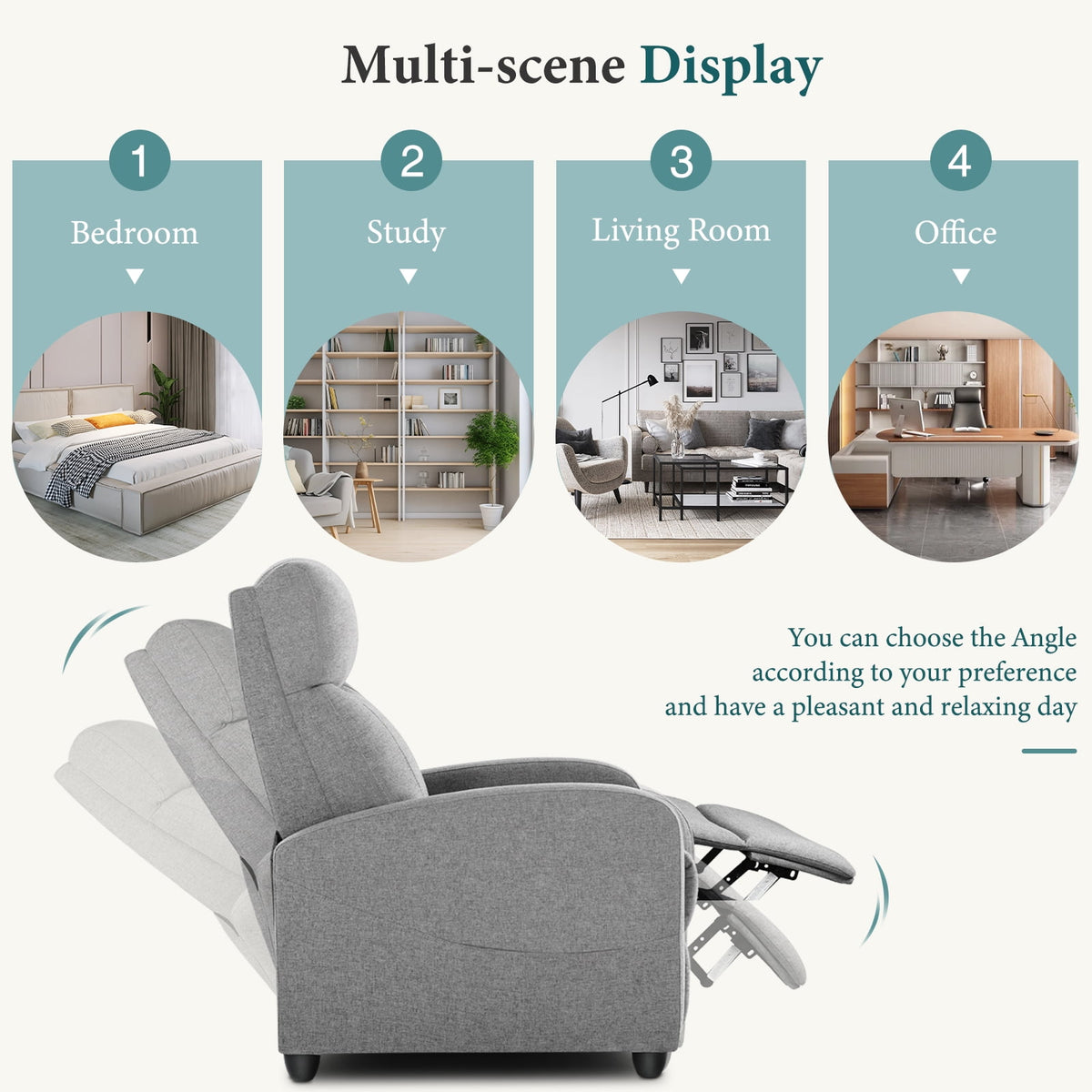 CONCETTA Vibration Massage Recliner Chair, 160 deg Reclining Small Sofa for Living Room & Home Theater, 275lbs Capacity, Relaxing Comfort, Gray