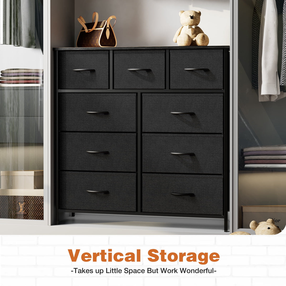 CONCETTA 9-Drawer Fabric Dresser Storage Chest for Bedroom, Closet, Storage Furniture for Adults, Black