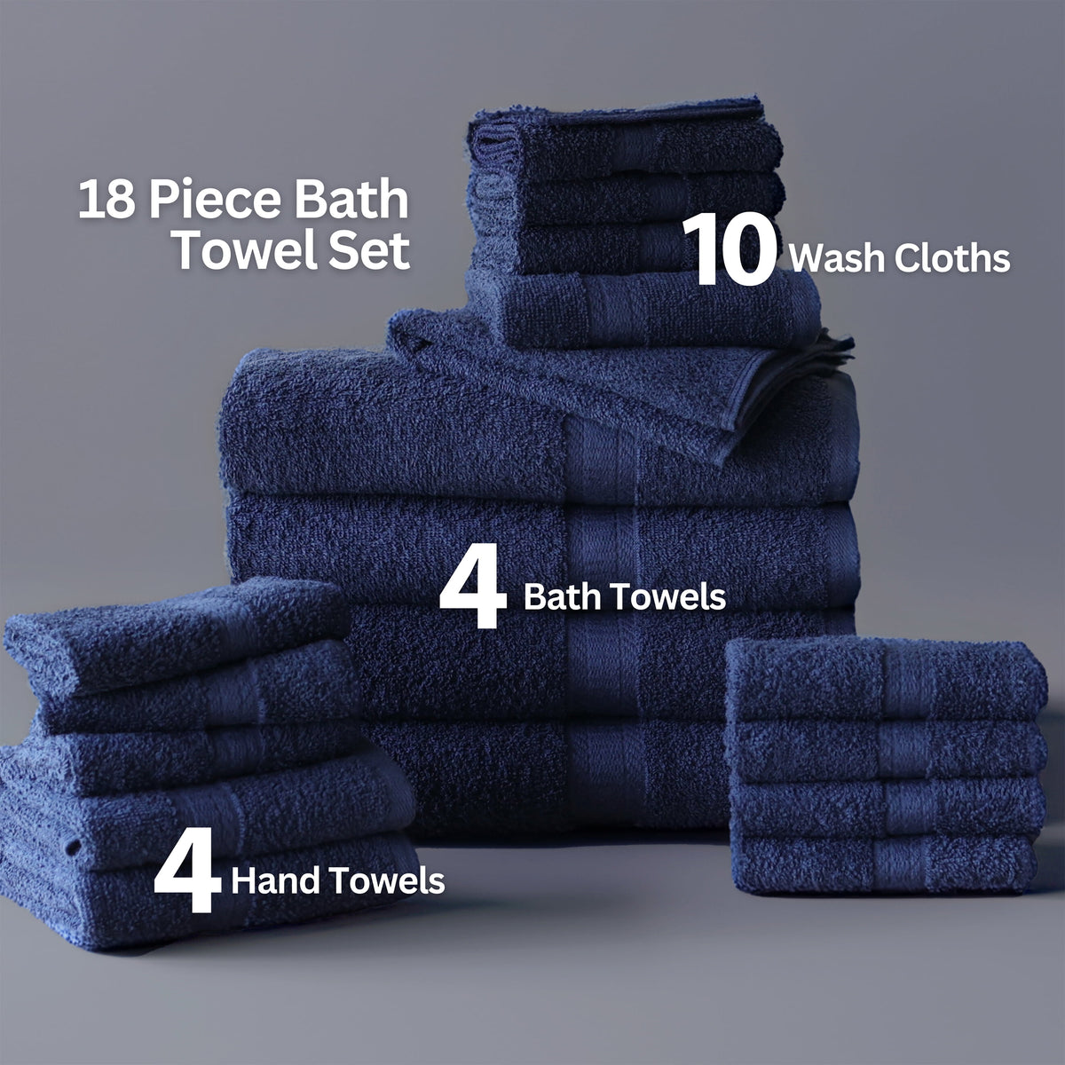 Mainstays 18-Piece 100% Cotton Towel Set, Navy, 4 Bath Towels, 4 Hand Towels, 10 Washcloths