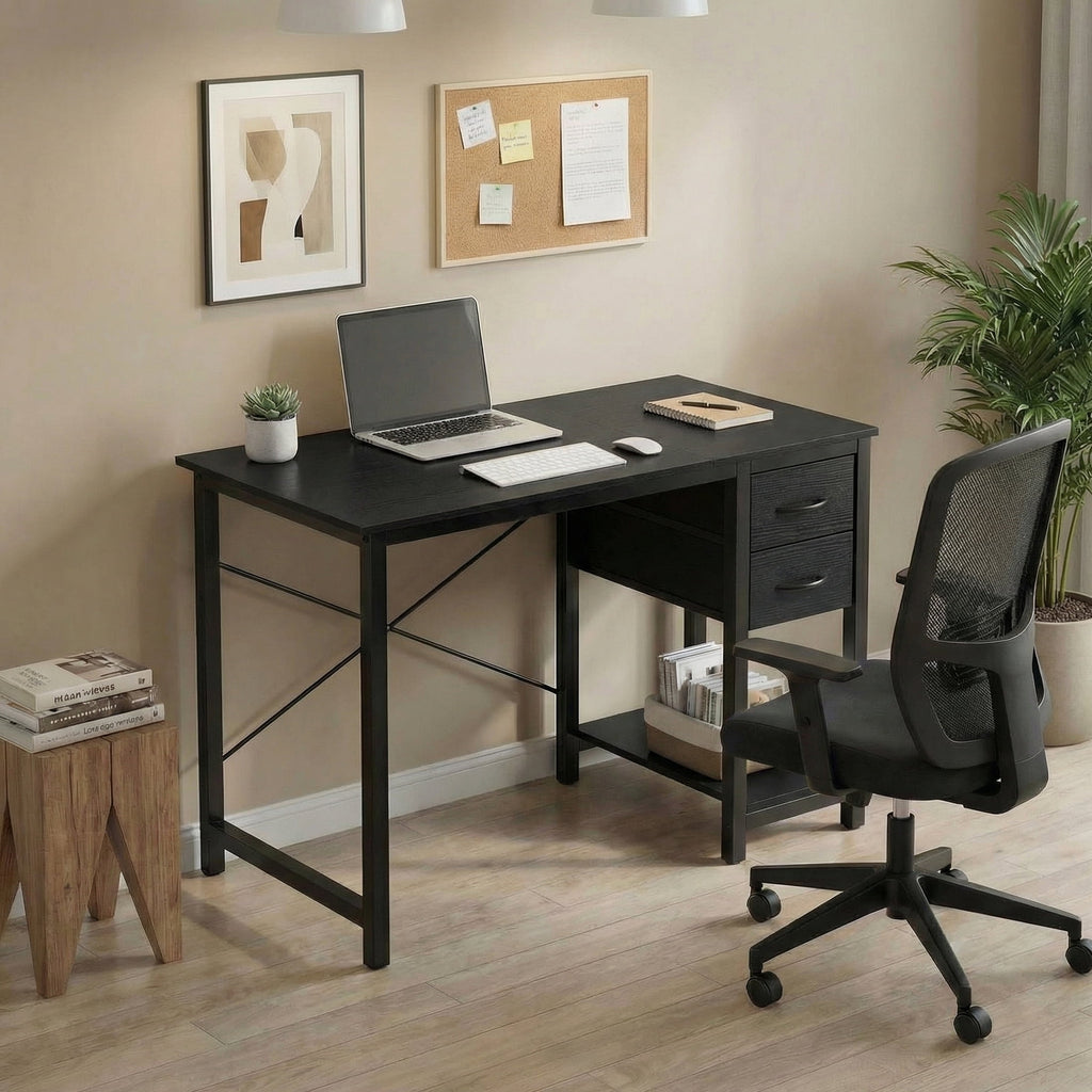 CONCETTA 40in Small Computer Desk with 2 Drawers, Side Headphone Hook, Writing Work Study Desk for Home, Black Wood