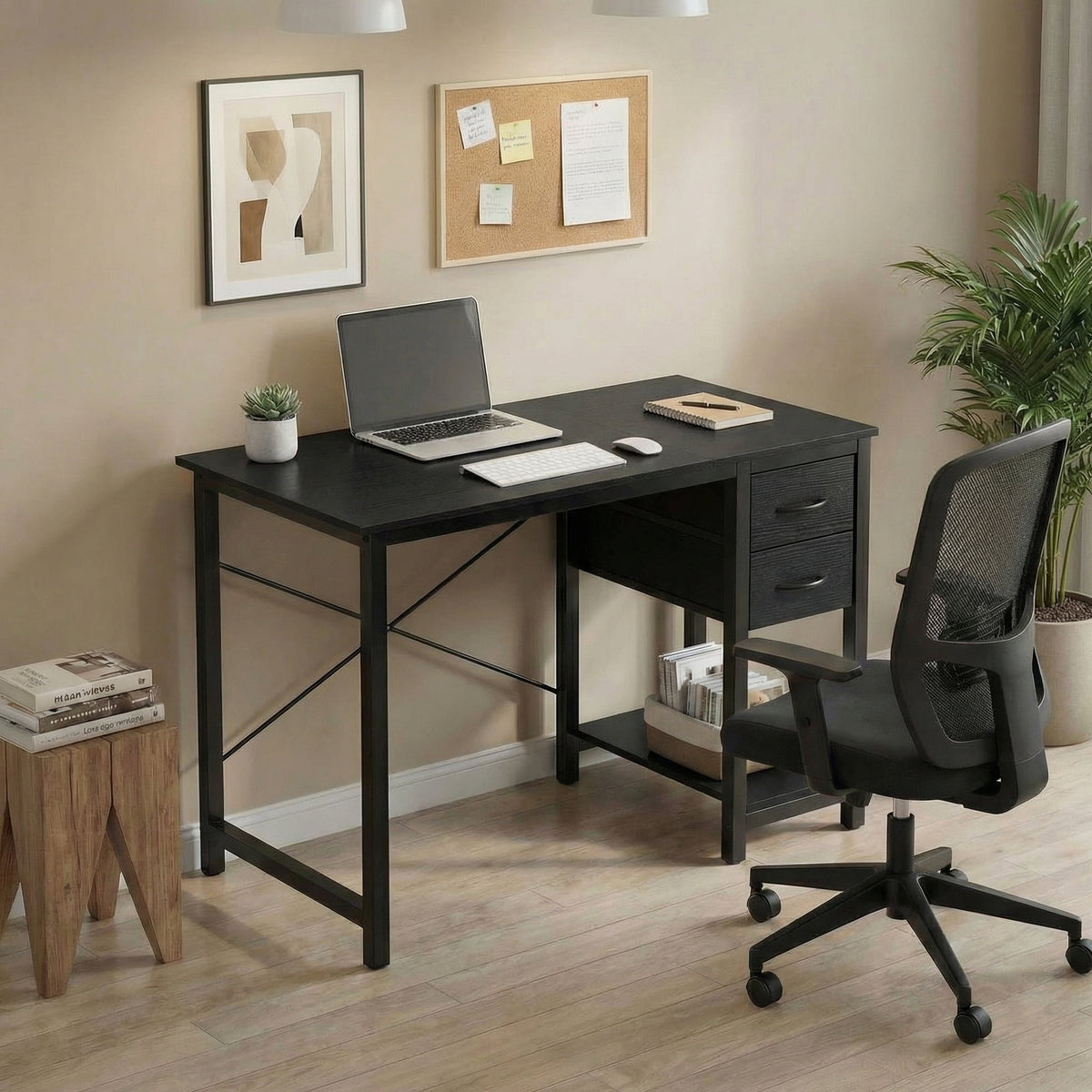 CONCETTA 40in Small Computer Desk with 2 Drawers, Side Headphone Hook, Writing Work Study Desk for Home, Black Wood