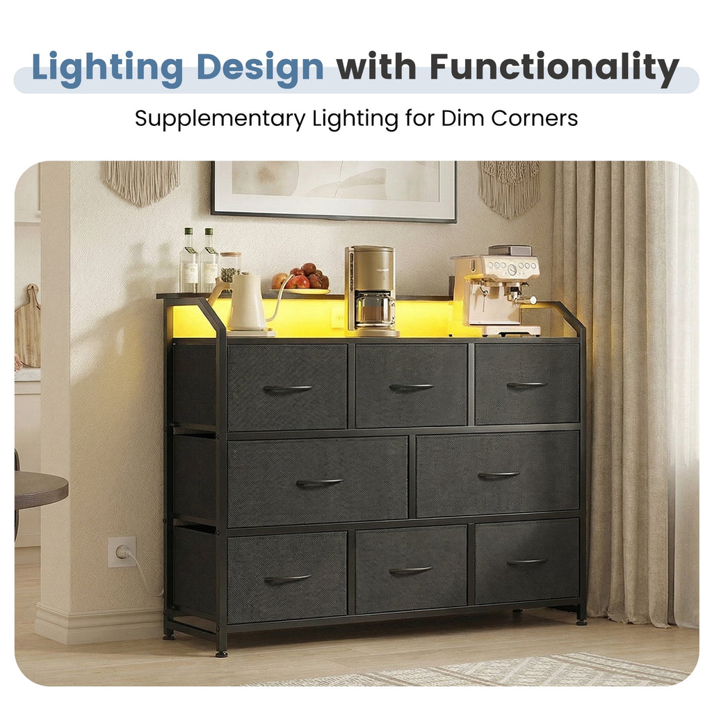 CONCETTA LED TV Stand Dresser, Fits TVs up to 45 Inches, LED Lights & Power Outlet, 8 Fabric Drawers Storage for Bedroom Living Room, Black
