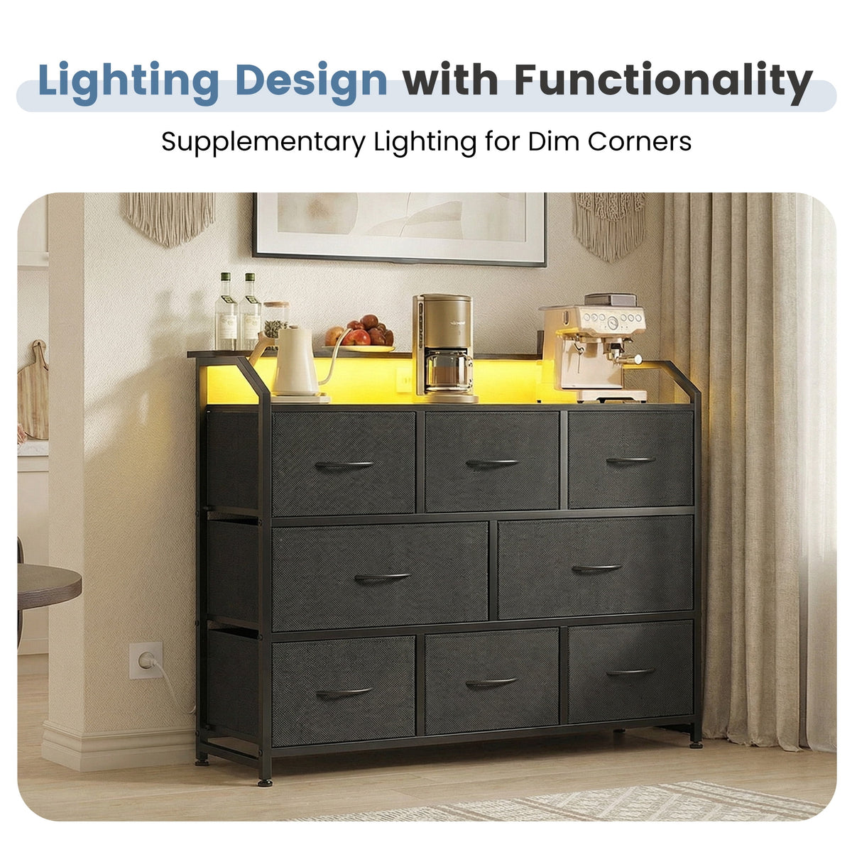 CONCETTA LED TV Stand Dresser, Fits TVs up to 45 Inches, LED Lights & Power Outlet, 8 Fabric Drawers Storage for Bedroom Living Room, Black