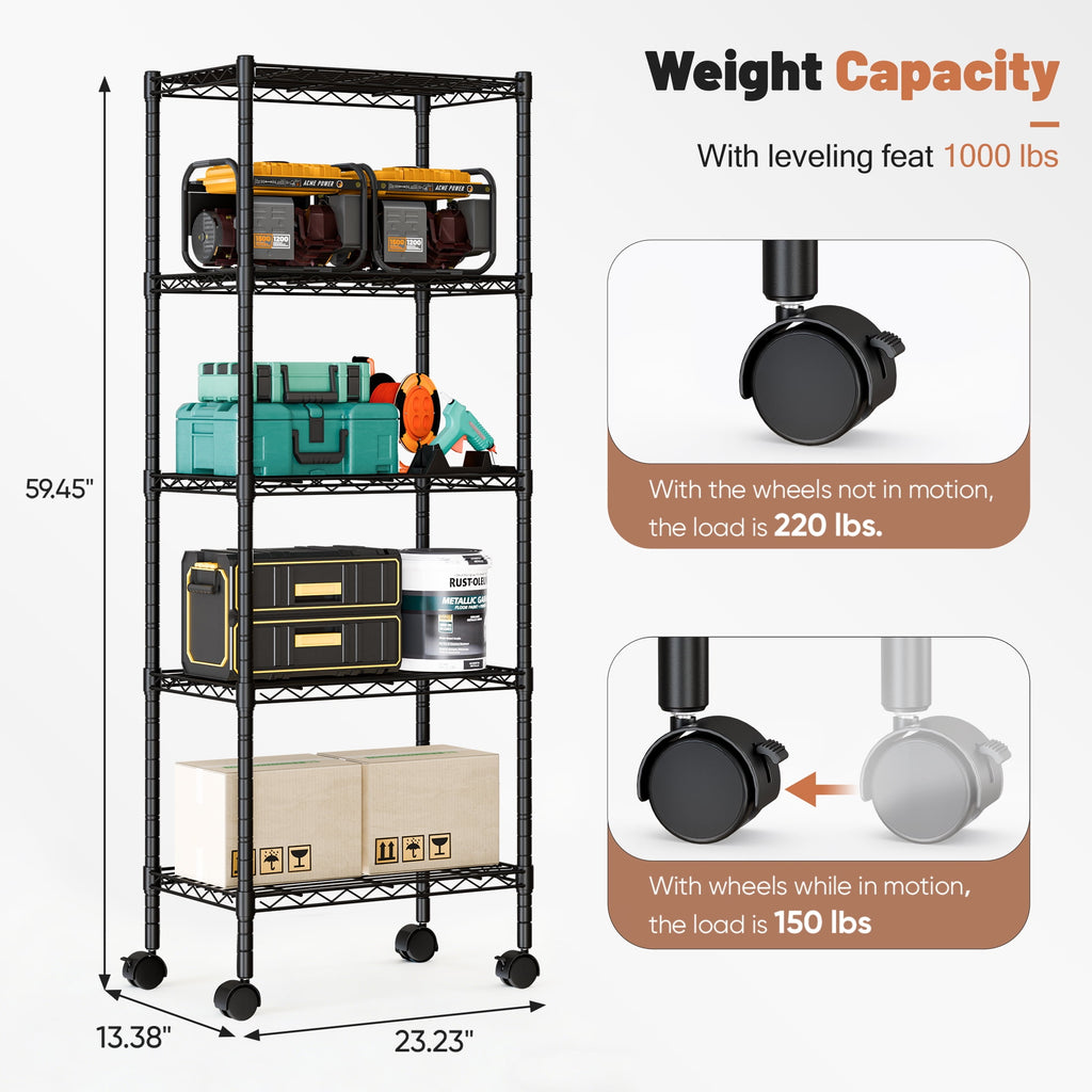CONCETTA 5 Tier Heavy Duty Storage Shelves with Wheels, Adjustable Shelving Unit for Garage Kitchen Pantry, 200 lbs per Shelf, Black, 23" L x 13" W x 59" H