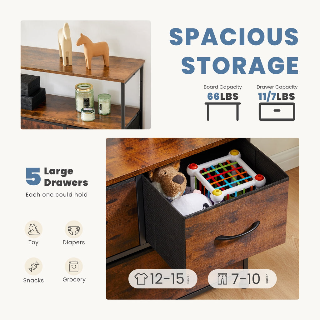 CONCETTA TV Stand Dresser with 5 Fabric Drawers and Open Shelving, Multi-functional Storage Unit Fits TV up to 45 inches for Bedroom Living Room Hallway, Rust