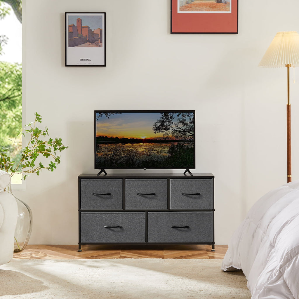 CONCETTA Dresser 5 Fabric Storage Drawer Dresser, TV Stand, Chest of Drawers for Bedroom, Closet, Entryway, Living Room, Gray