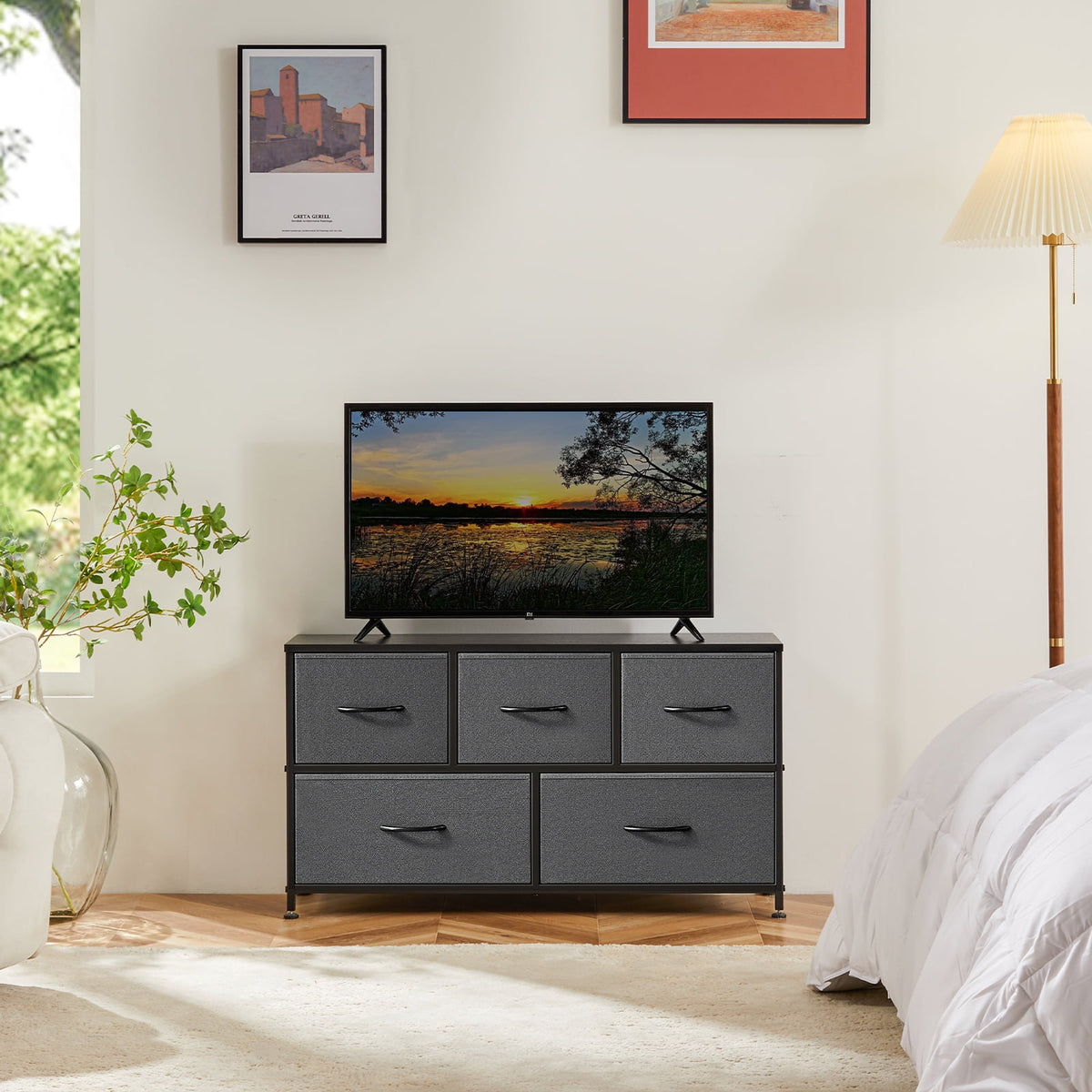 CONCETTA Dresser 5 Fabric Storage Drawer Dresser, TV Stand, Chest of Drawers for Bedroom, Closet, Entryway, Living Room, Gray
