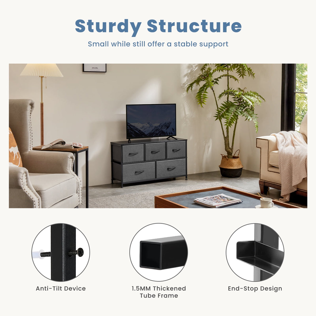 CONCETTA Dresser 5 Fabric Storage Drawer Dresser, TV Stand, Chest of Drawers for Bedroom, Closet, Entryway, Living Room, Gray