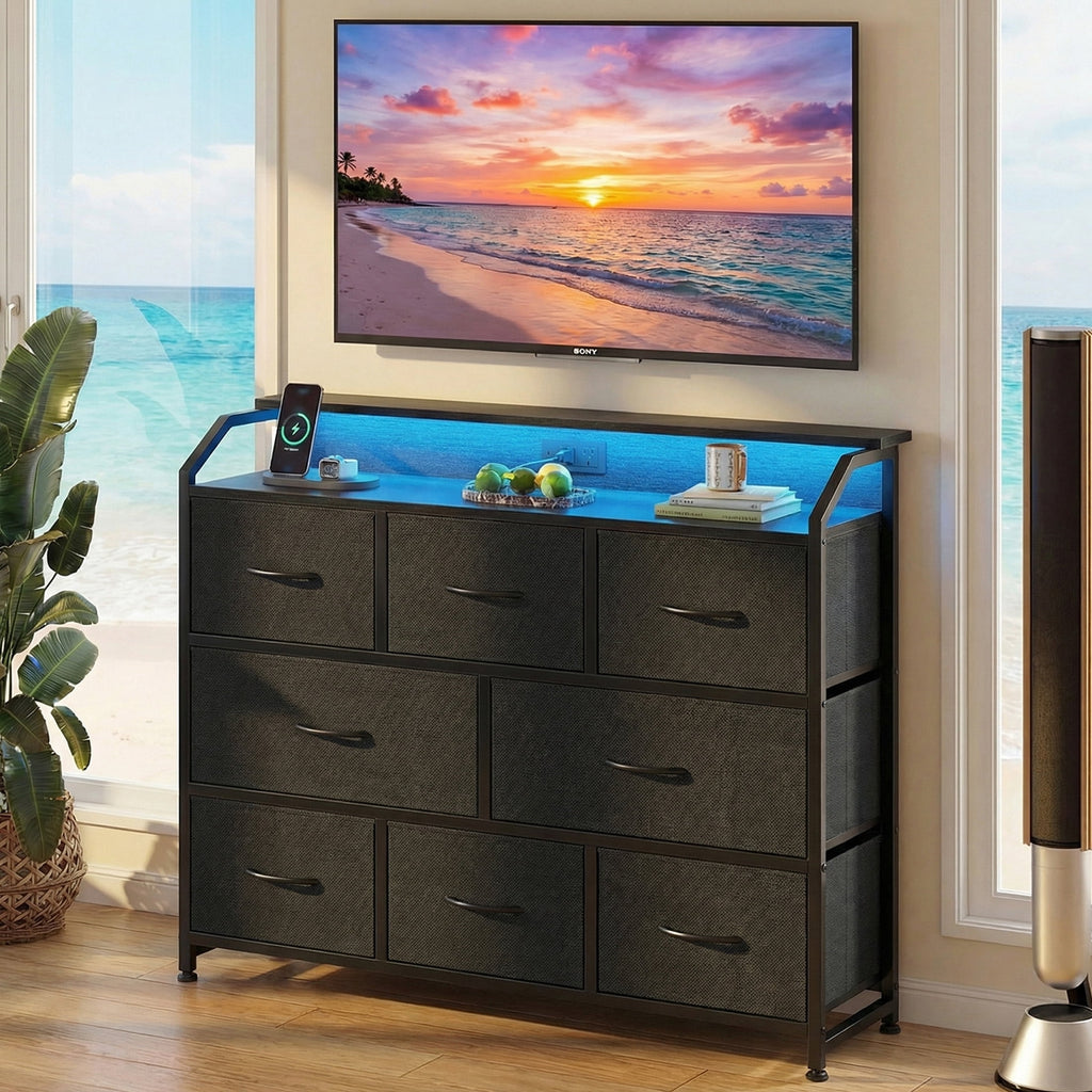 CONCETTA LED TV Stand Dresser, Fits TVs up to 45 Inches, LED Lights & Power Outlet, 8 Fabric Drawers Storage for Bedroom Living Room, Black