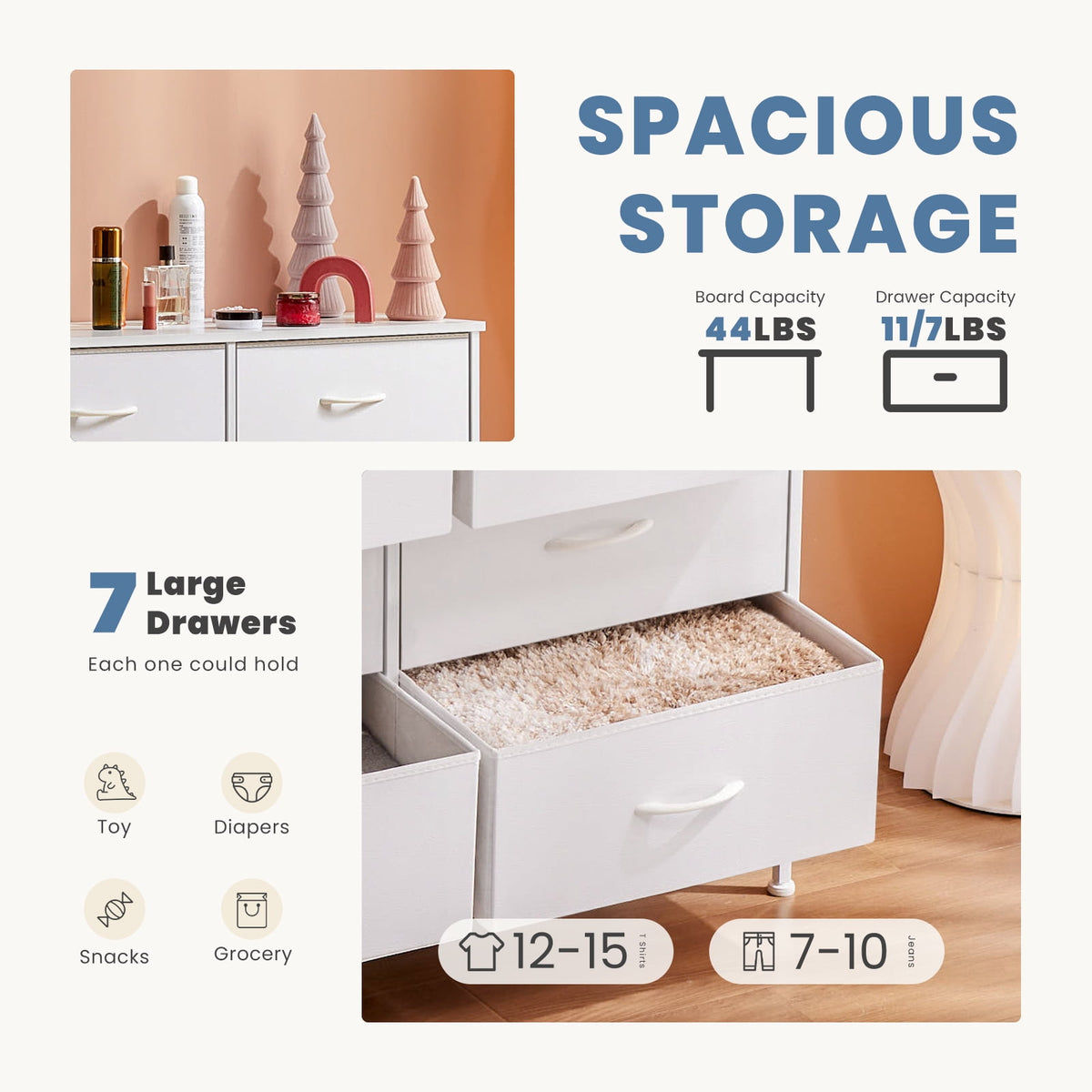 CONCETTA 7-Drawer Fabric Dresser Storage Chest for Bedroom, Closet, Storage Furniture for Adults, White