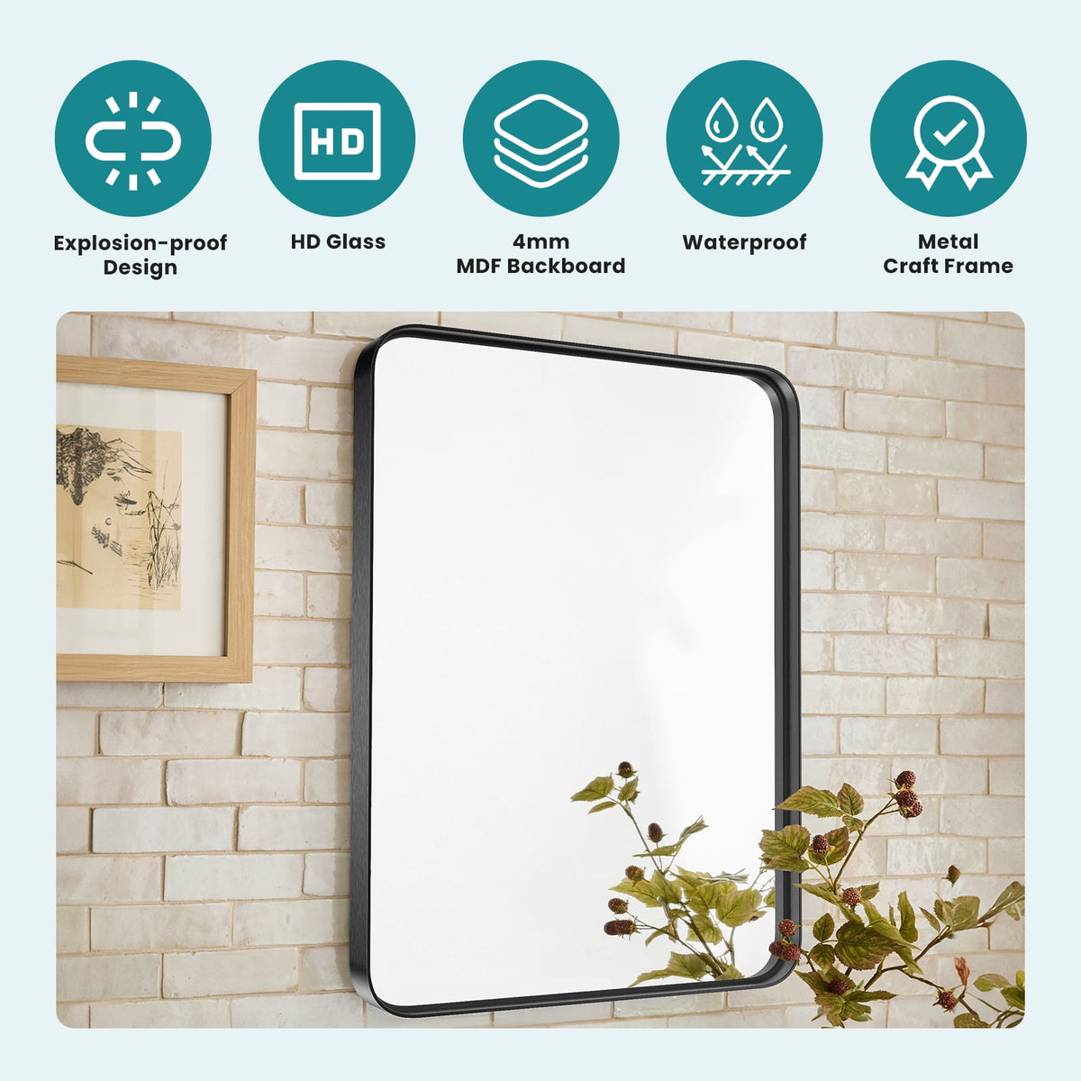 CONCETTA Shatterproof Bathroom Wall Mirror -22" x 30" Vanity Mirror with Rectangular Metal Frame, Anti-Fog, Black, Gift for Mother's Day