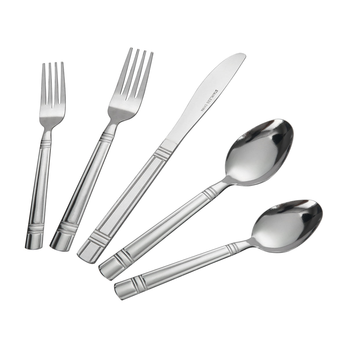 (4 pack) Mainstays 49 Piece Elena Adult Stainless Steel Flatware and Organizer Tray Value Set Silver, Service for 8