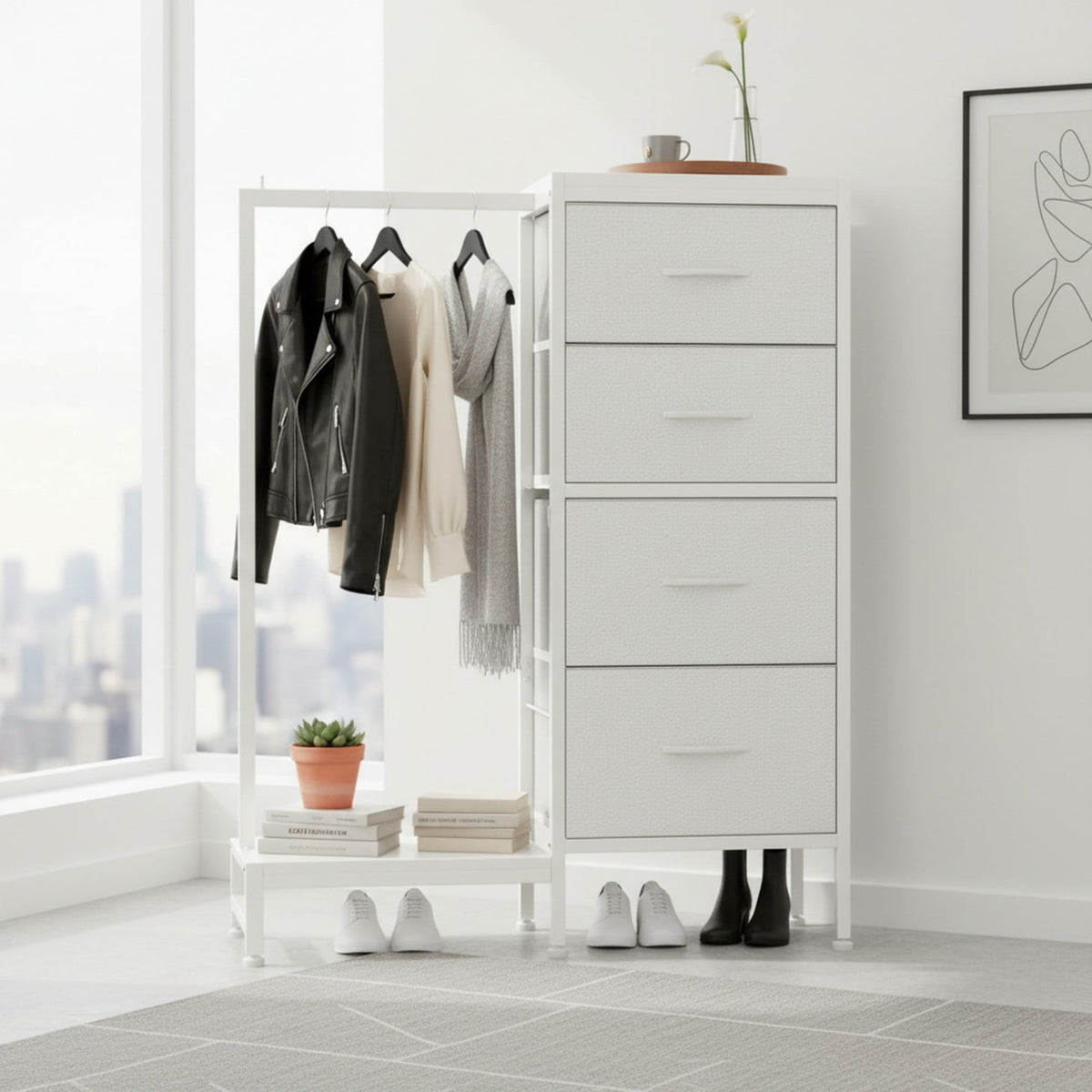CONCETTA 4 Drawers Dresser with Hanging Rack, 44-inch Tall Reversible Fabric Chest, Bedroom Storage Tower, White