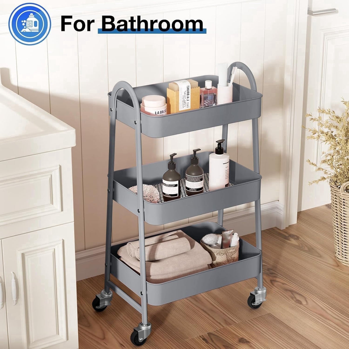 CONCETTA 3-Tier Utility Rolling Cart, Metal Mobile Storage Rack with Lockable Castors for Office, School, Bathroom, Gray