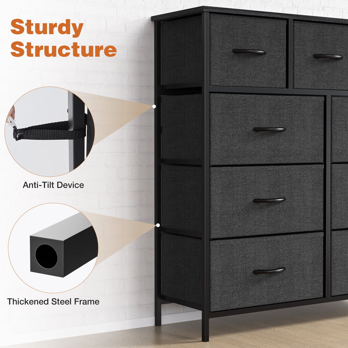 CONCETTA 9-Drawer Fabric Dresser Storage Chest for Bedroom, Closet, Storage Furniture for Adults, Black