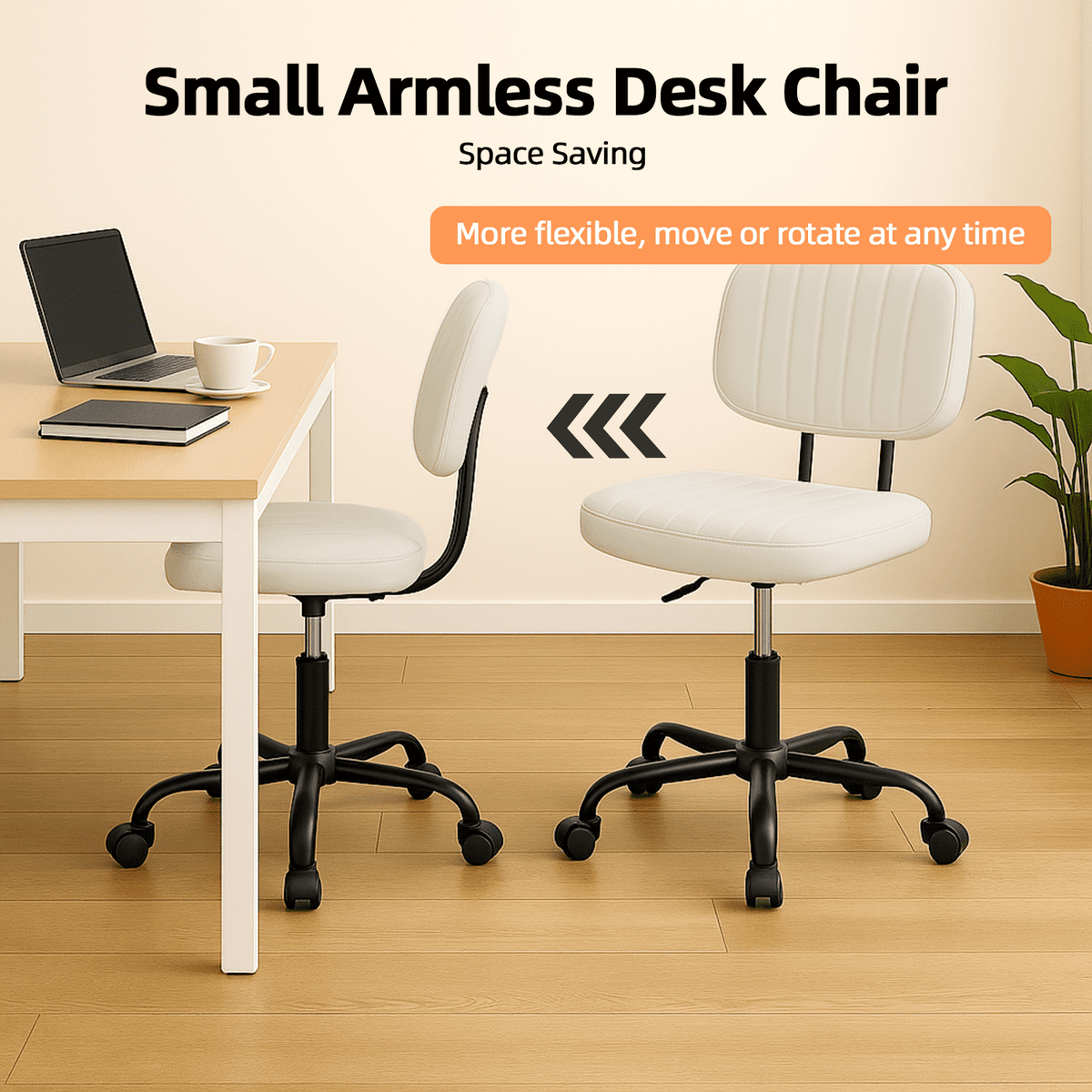 CONCETTA Ergonomic Home Office PU Leather Desk Chair, Small Space, Armless Rolling Chair for Adults, White