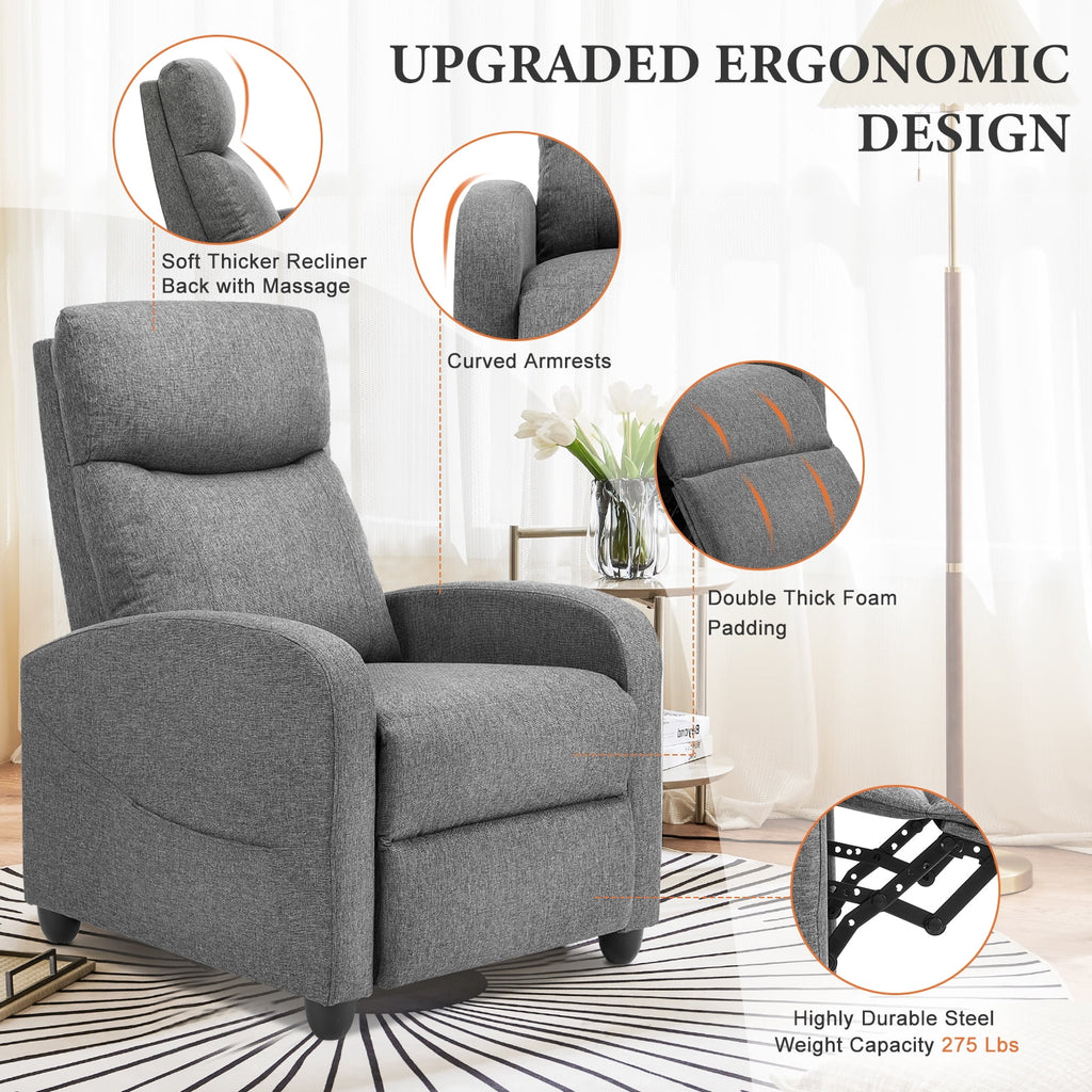 CONCETTA Vibration Massage Recliner Chair, 160 deg Reclining Small Sofa for Living Room & Home Theater, 275lbs Capacity, Relaxing Comfort, Gray