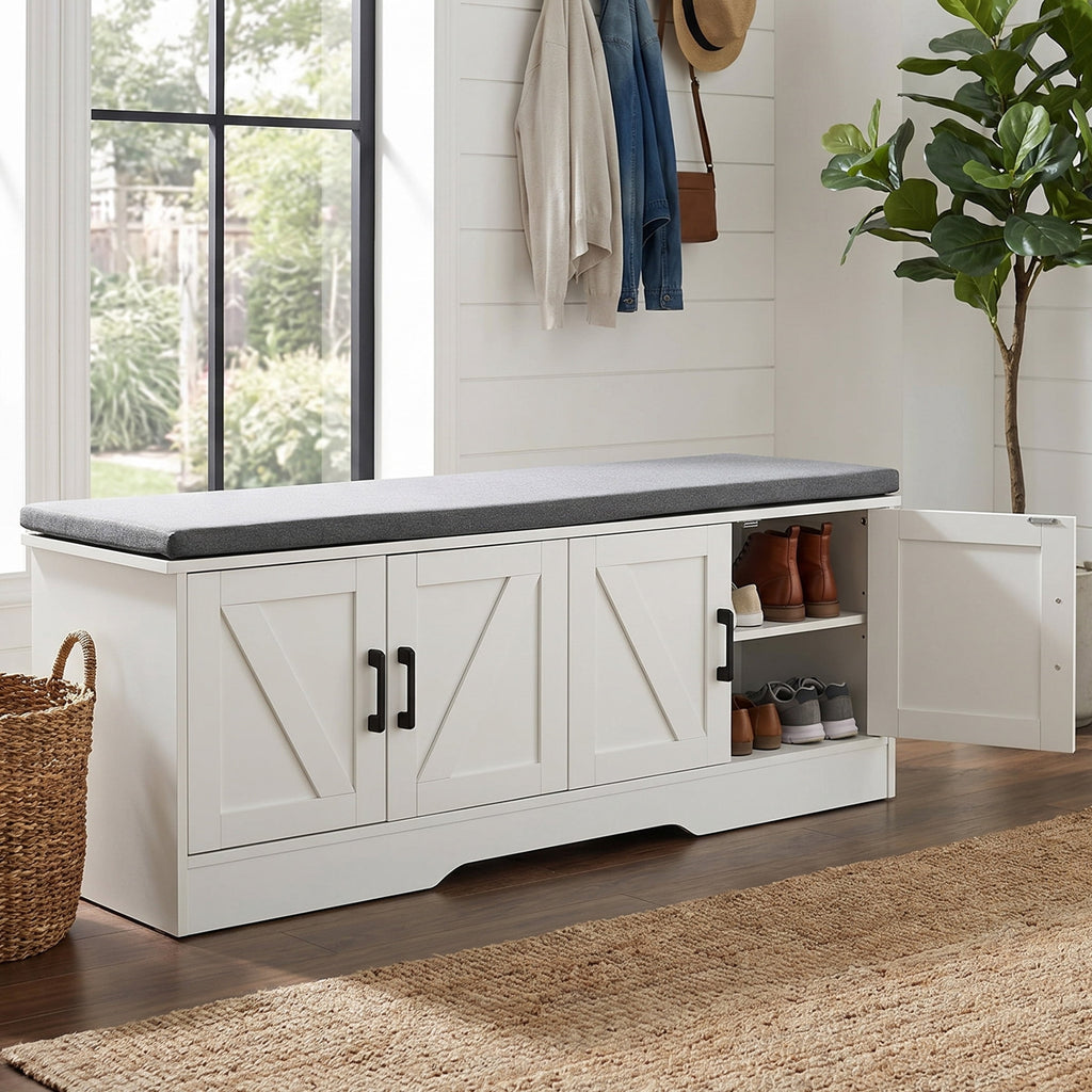 CONCETTA 47 Inch Width White Storage Bench, Padded Seat Entryway Shoe Bench Featuring 4 Barn Doors and Adjustable Storage Shelf