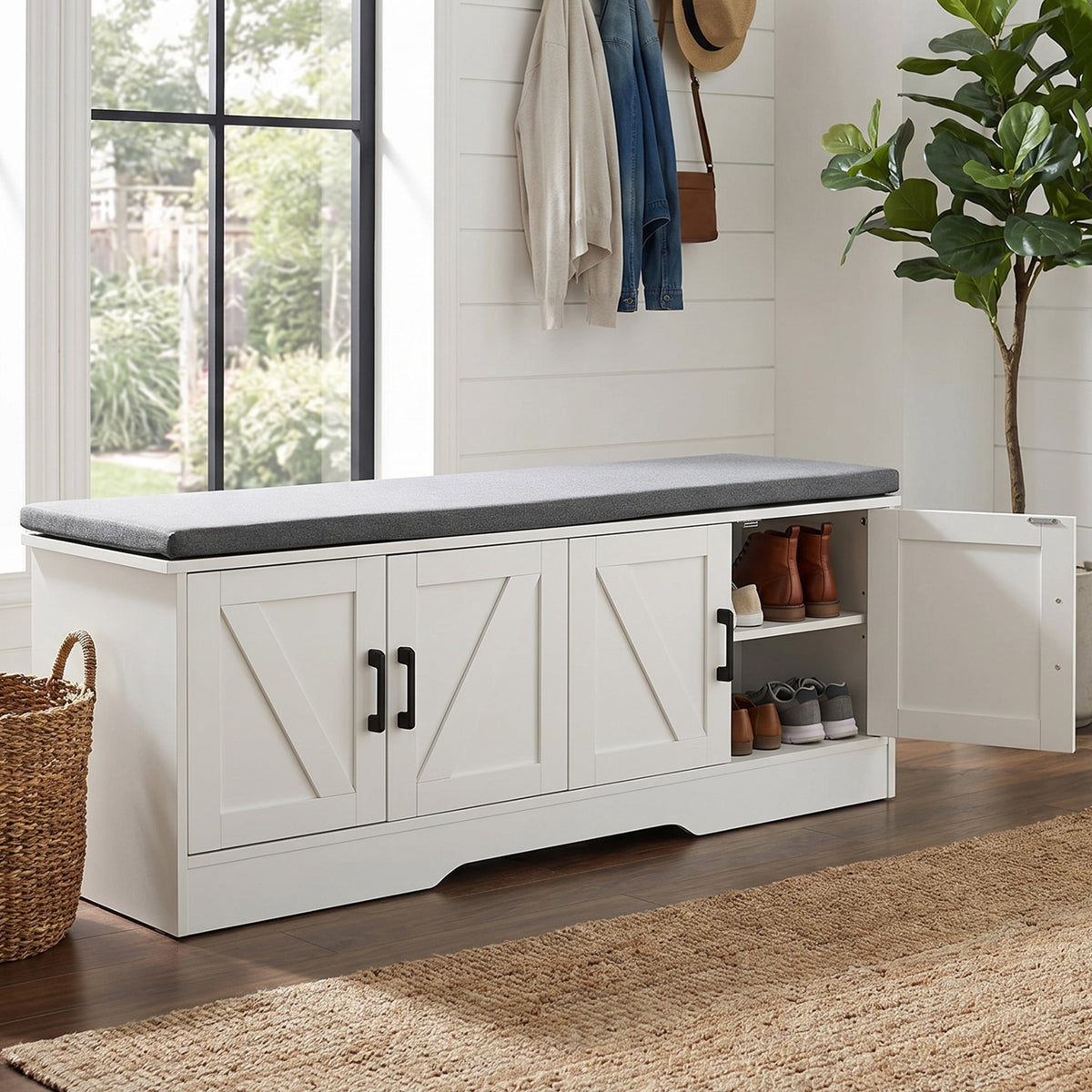 CONCETTA 47 Inch Width White Storage Bench, Padded Seat Entryway Shoe Bench Featuring 4 Barn Doors and Adjustable Storage Shelf