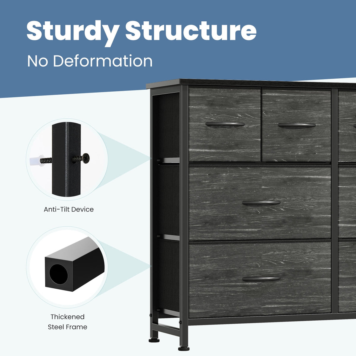 CONCETTA 8-Drawer Fabric Dresser, Wide Chest of Drawers, TV Stand for Bedroom, Living Room, Black Wood