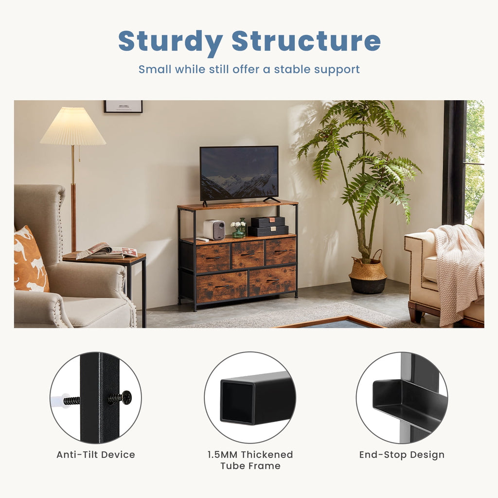 CONCETTA TV Stand Dresser with 5 Fabric Drawers and Open Shelving, Multi-functional Storage Unit Fits TV up to 45 inches for Bedroom Living Room Hallway, Rust