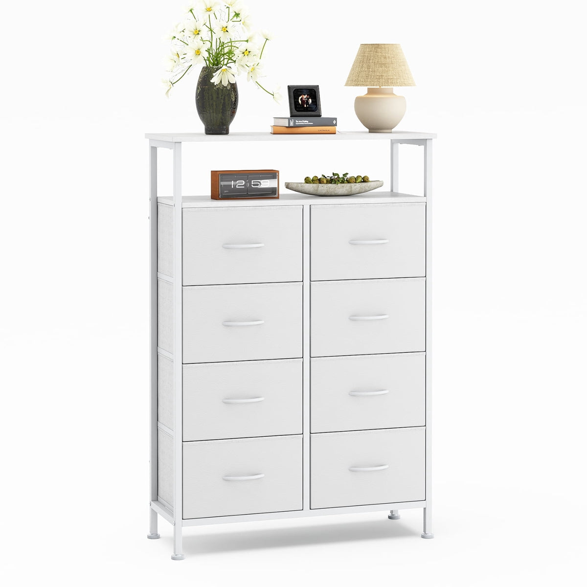 CONCETTA 8-Drawer Fabric Dresser with Open Shelf, Tall  Storage Organizer for Bedroom Closet, Living Room, Hallway, White