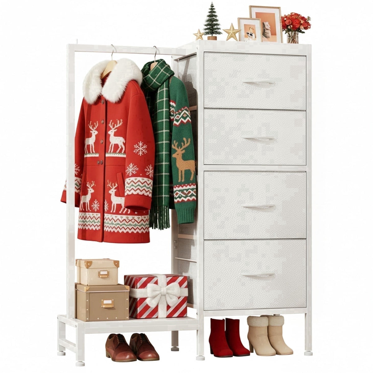 CONCETTA 4 Drawers Dresser with Hanging Rack, 44-inch Tall Reversible Fabric Chest, Bedroom Storage Tower, White