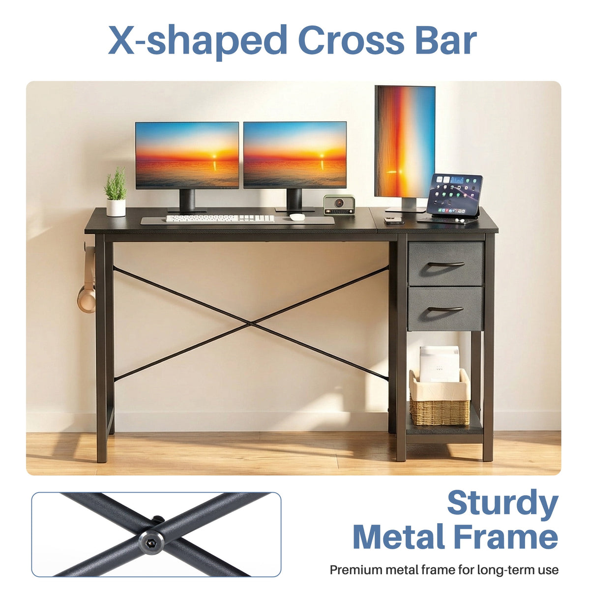 CONCETTA 40in Small Computer Desk with 2 Drawers, Side Headphone Hook, Writing Work Study Desk for Home, Black Wood