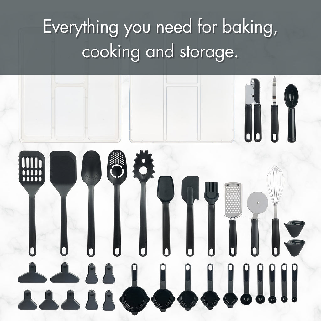 Mainstays 36 Piece Kitchen Gadget Set with Kitchen Cooking Utensils, and Drawer Organizer, Black